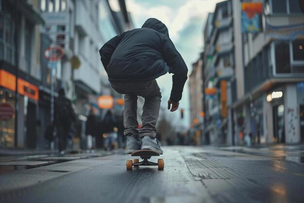 Photo a person skateboarding down a street with a sign that says quot he is riding quot
