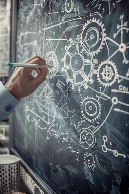 A person sketching interconnected gears on a whiteboard symbolizing the breakdown and analysis of co