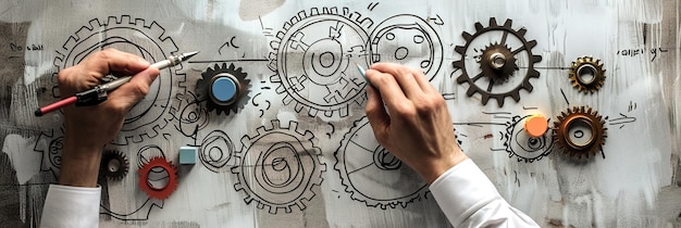 A person sketching interconnected gears on a whiteboard symbolizing the breakdown and analysis of co