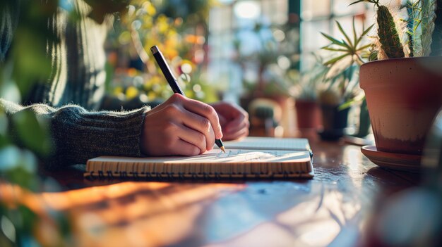 Person sketching in a notebook surrounded by houseplants