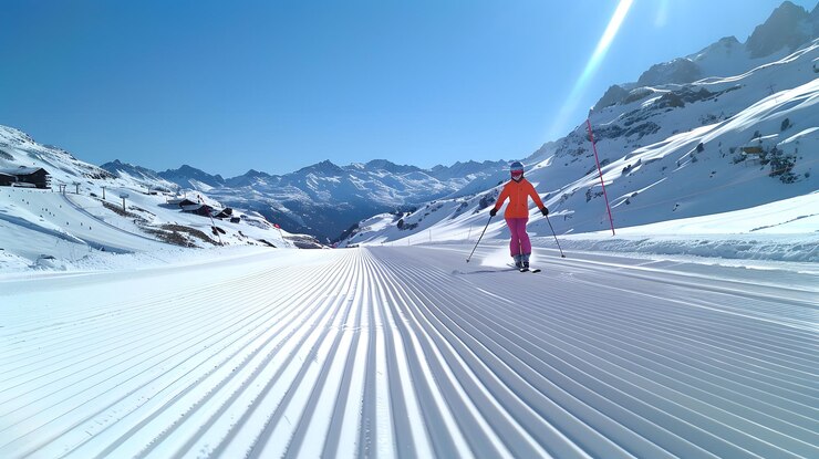 Photo a person skiing down a snowy mountain with mountains in the background