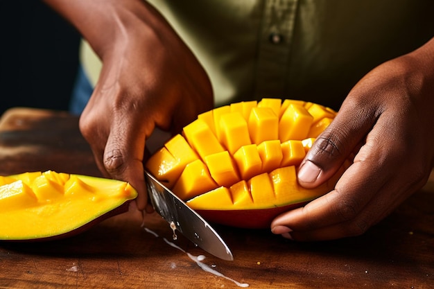 A person slicing a ripe mango with a knife