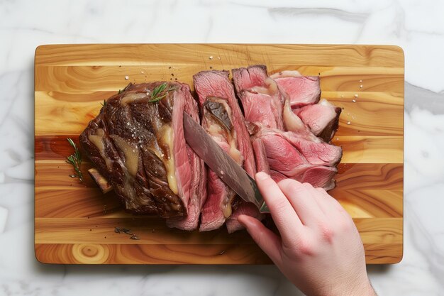 Photo person slicing sousvide cooked prime rib on cutting board