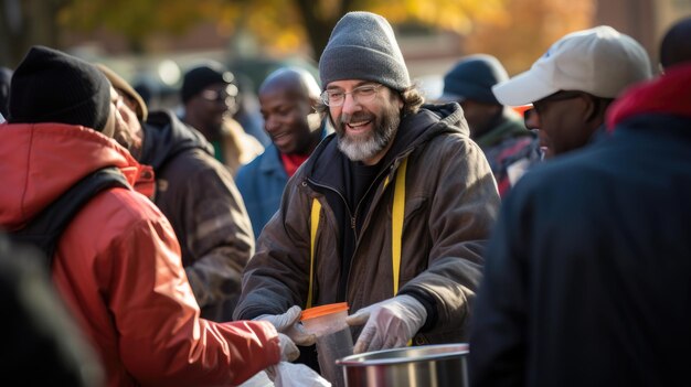 Foto una persona sorride mentre si offre volontaria per distribuire cibo a una comunità diversificata ad un evento di beneficenza all'aperto