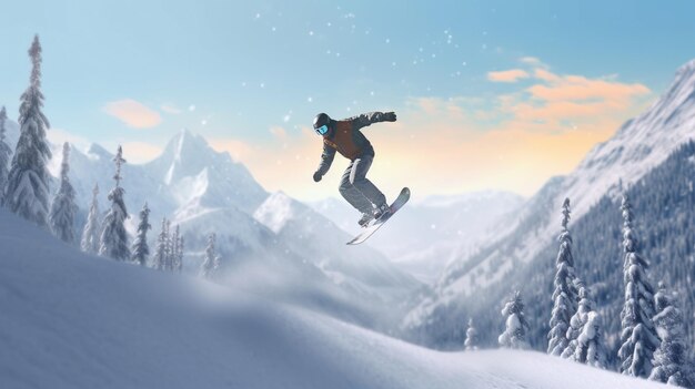 Photo a person on a snowboard in the air with mountains in the background