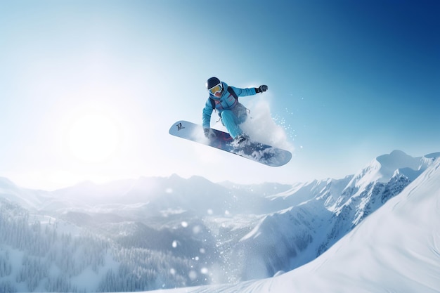 Photo a person on a snowboard is in the air and the sky is blue and the sun is shining.