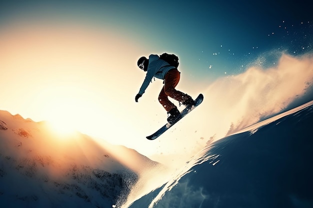 Человек на сноуборде находится в воздухе, а за ним солнце.