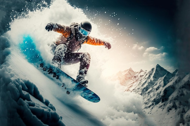 A person snowboarding in front of a mountain