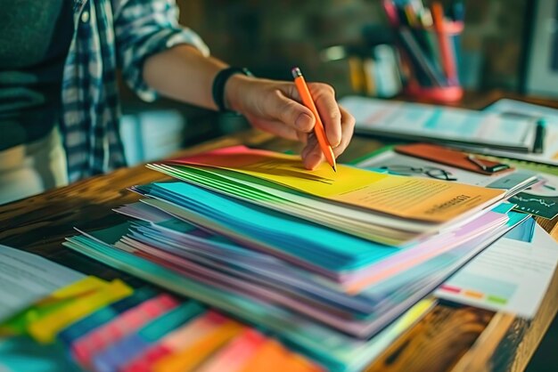 A person sorting through a stack of colorful charts and graphs process of distilling complex data in