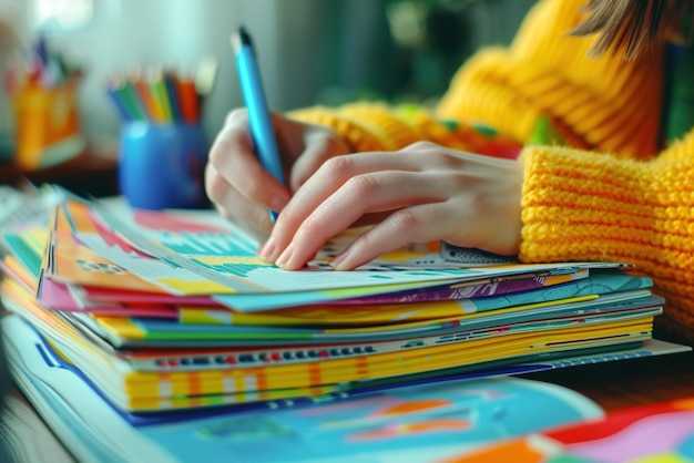 A person sorting through a stack of colorful charts and graphs process of distilling complex data in