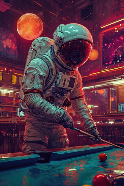 a person in a space suit holding a pool table