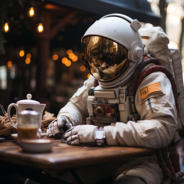 Photo a person in a space suit sitting at a table