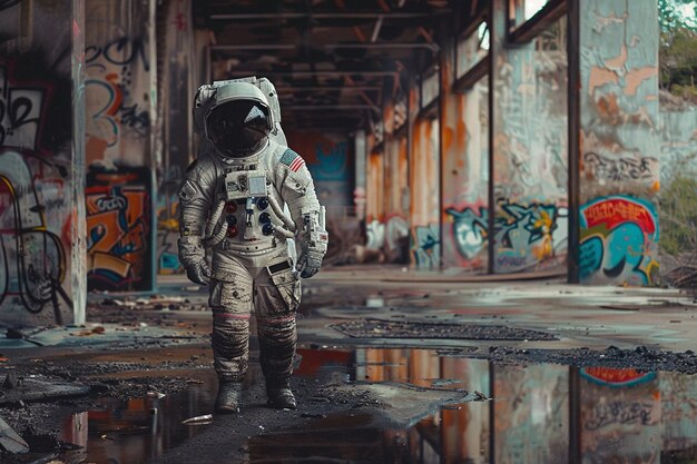 Photo a person in a space suit standing in a dirty area generative ai