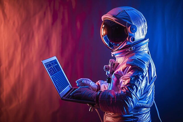 a person in a space suit using a laptop