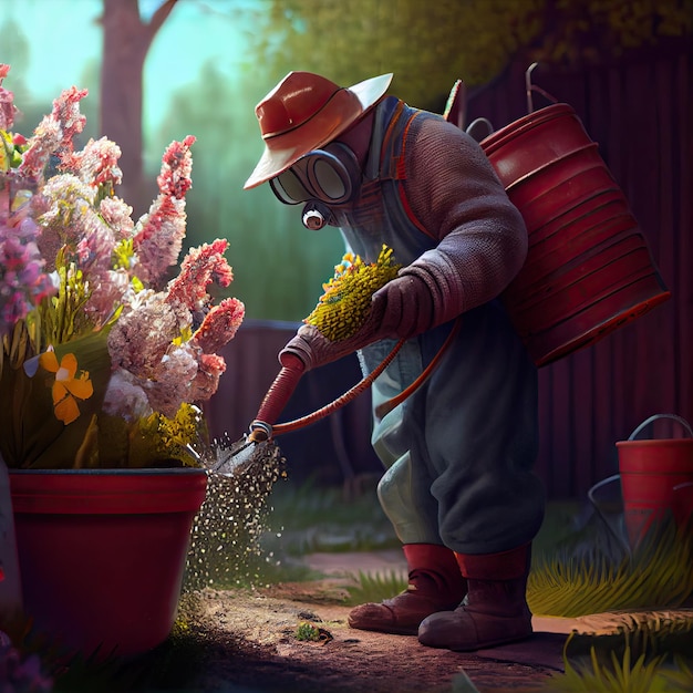 A person spraying water on flowers in a pot