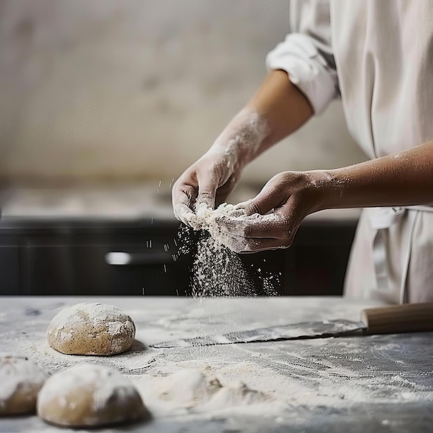 Person Sprinkling Flour on Top of a Doughnut