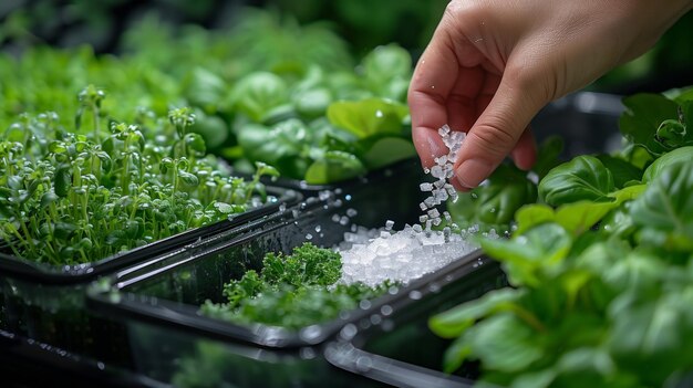 Photo person sprinkling salt on plant in greenhouse