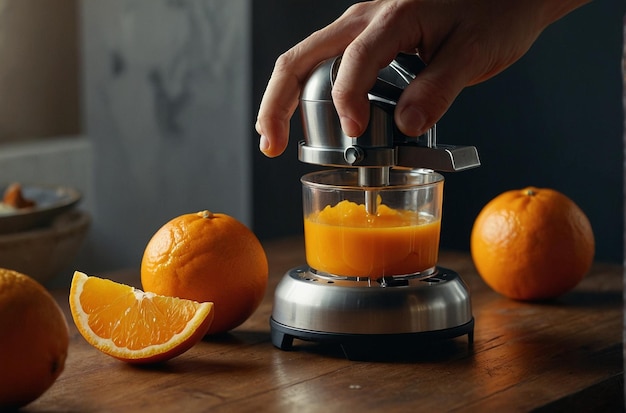 A person squeezing oranges with a manu