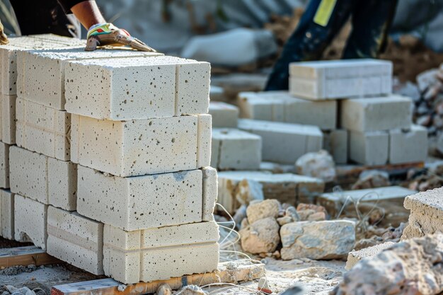 建設現場で空気コンクリートブロックを積み重ねている人