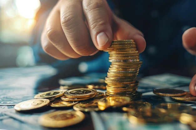 A person stacking coins on top of a table