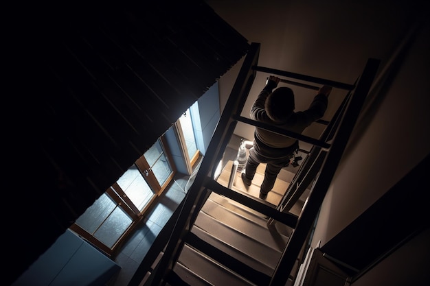 A person on a staircase with a light on the bottom