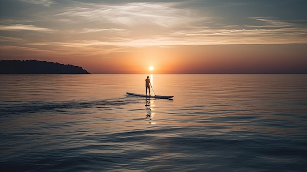 Person stand up paddle boarding dusk quiet sea sunset Generative ai