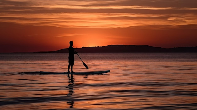 Person stand up paddle boarding dusk quiet sea sunset Generative ai