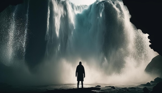 Person stand behind waterfall digital art illustration Generative AI