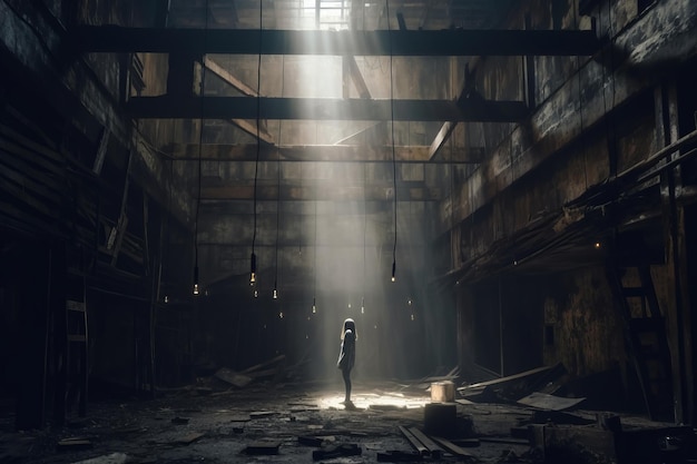 A person standing in an abandoned warehouse