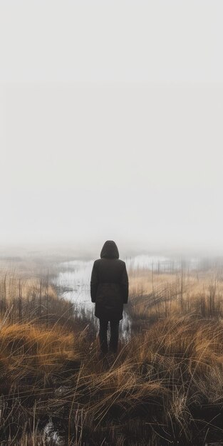 Photo a person standing alone in a foggy field