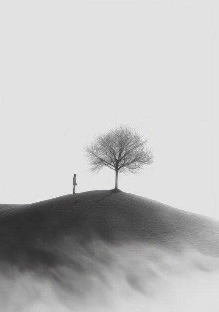 Photo person standing alone on a hill looking at a tree