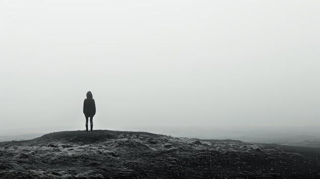 Person standing alone on a hilltop overlooking a foggy landscape