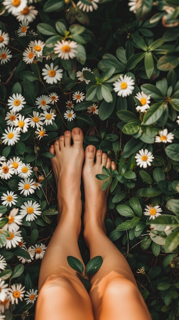 A person standing amidst a field of blooming daisies with their feet gently stepping on the flowers