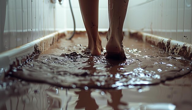 Photo person standing in bathtub with hose