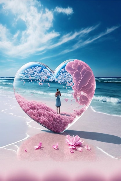 Person standing on a beach next to a heart shaped object Generative Ai