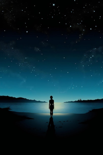 A person standing on a beach looking at the stars