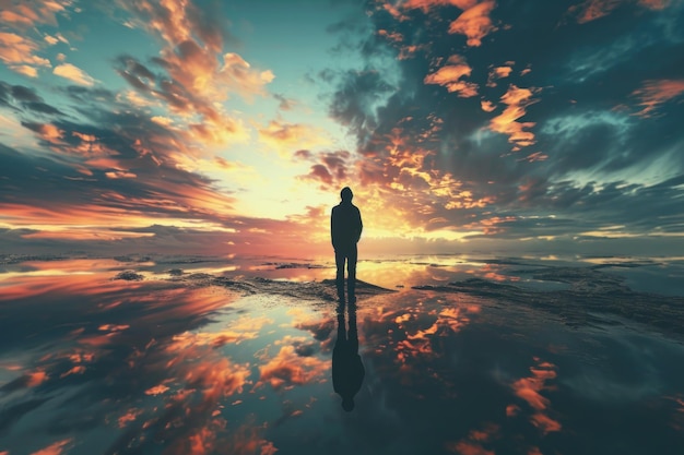 Foto una persona in piedi su una spiaggia al tramonto adatto a temi di viaggio e relax
