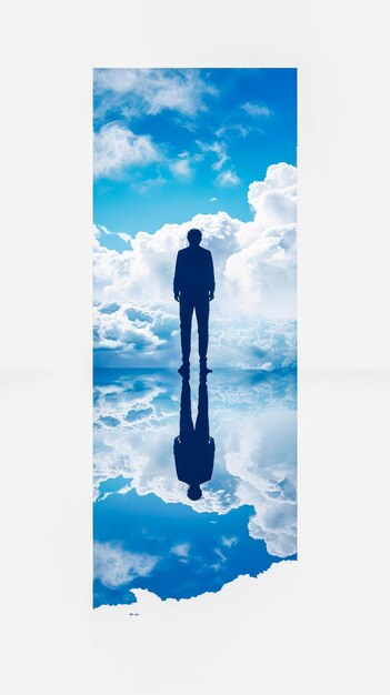 Foto persona in piedi davanti a un paesaggio surreale in cui il cielo e le nuvole si riflettono sotto creando un