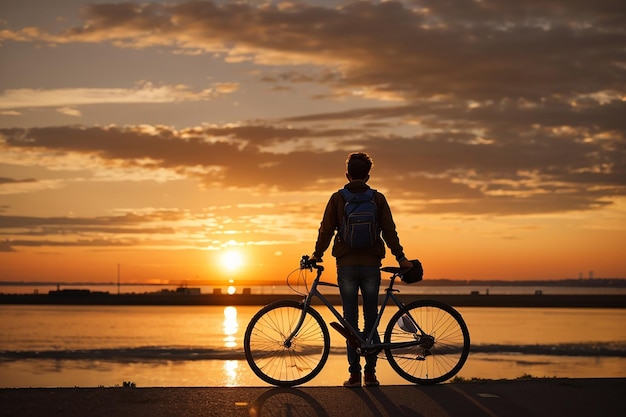 Person standing at bicycle in sunset