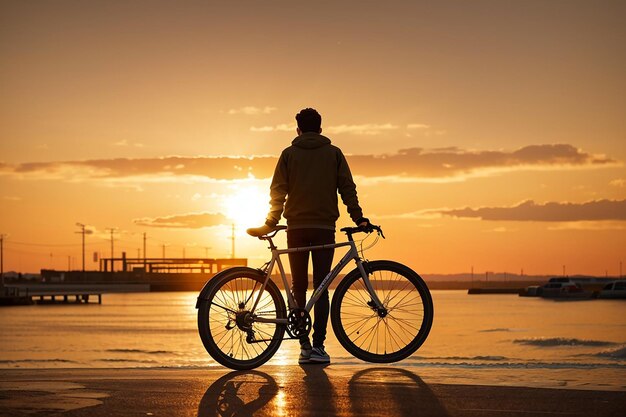 Person standing at bicycle in sunset