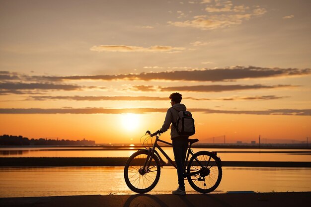 夕暮れ時に自転車に立っている人