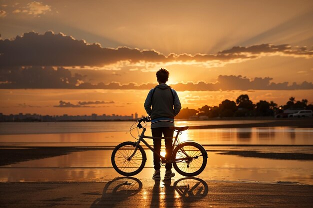 Person standing at bicycle in sunset