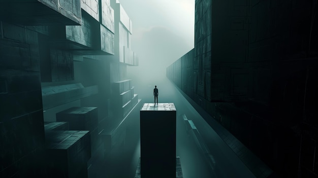 Person Standing on Box in Dark Alley