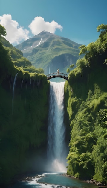 A person standing on a bridge over a waterfall with a large mountain