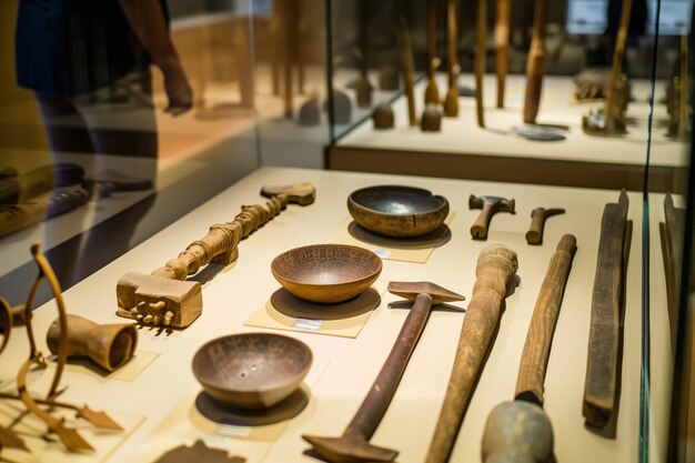 Фото Человек, стоящий у музейной экспозиции с древними инструментами