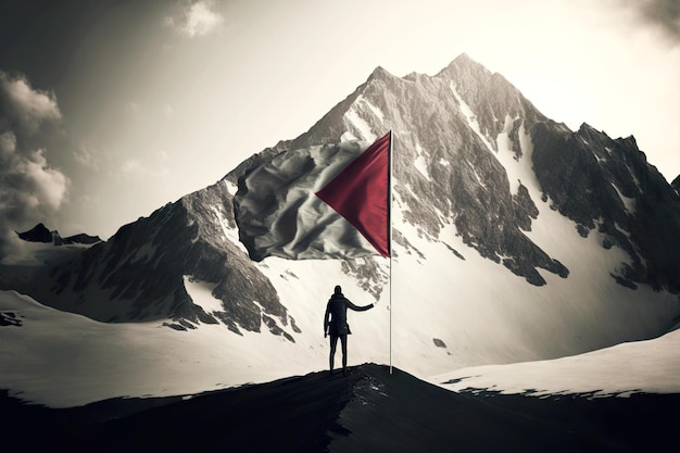 Person standing by high mountain with flag as symbol of movement towards business goals