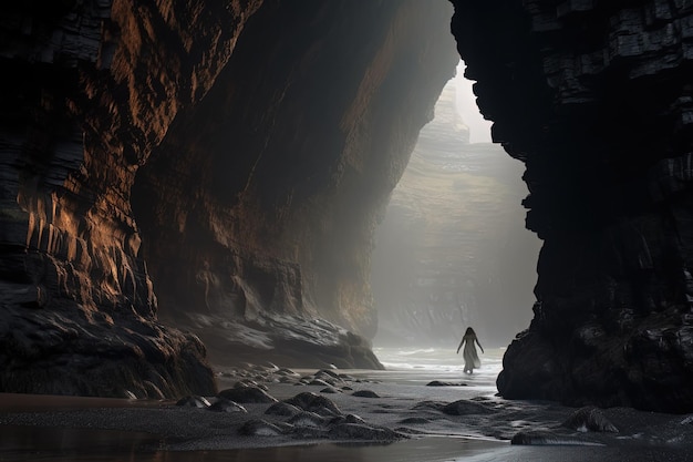 A person standing in a cave on a beach