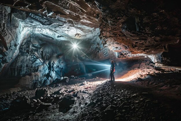 Photo person standing in cave with flashlight