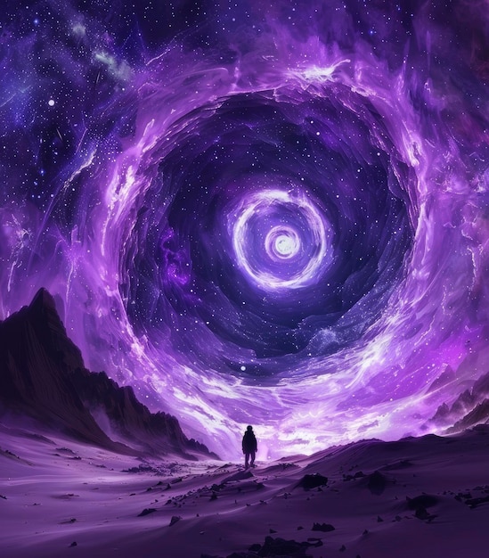 Photo a person standing in the center of purple splral portal