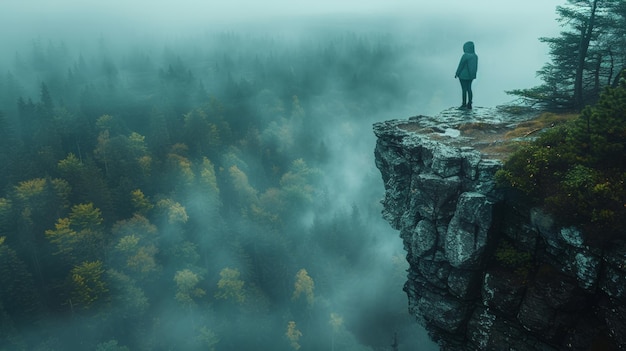 Person standing on cliff edge over foggy forest